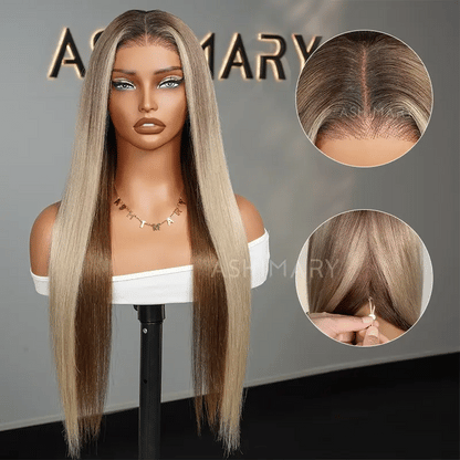 Highlight Blonde Ombre Straight Wig 6x4.5 Transparent Glueless Lace Beginner Friendly Ready To Go Wig