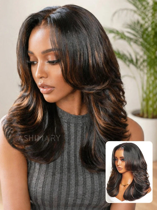 Silky Straight Full Layered Cut Brown Highlight Pull Go 13x6 Full Lace Wig Glueless Human Hair Wigs