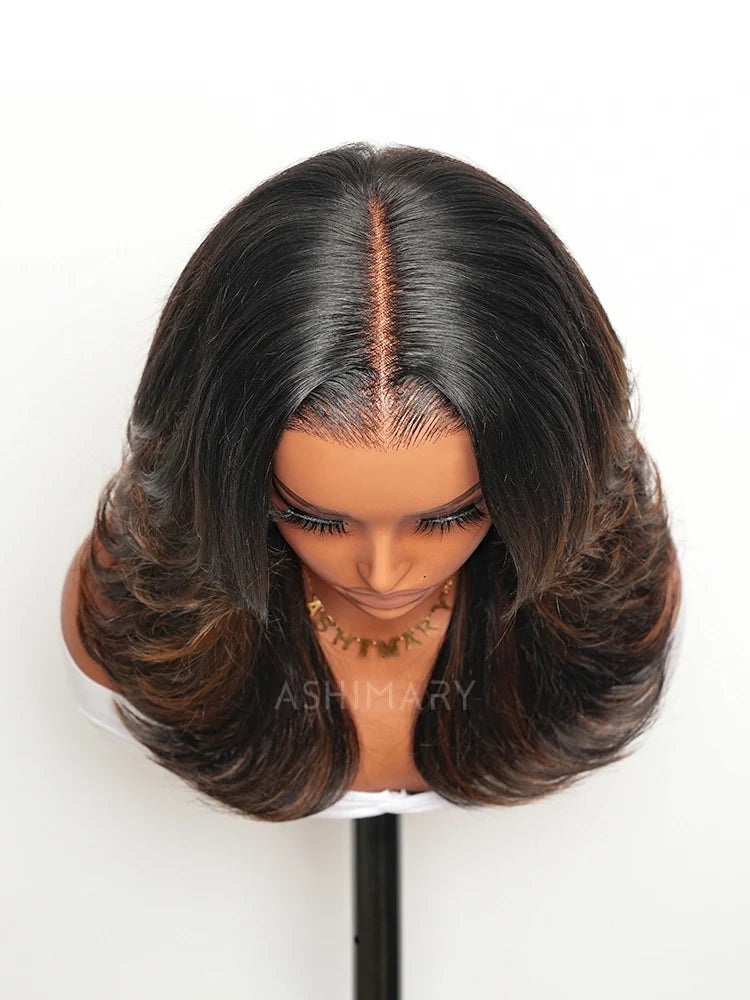 Silky Straight Full Layered Cut Brown Highlight Pull Go 13x6 Full Lace Wig Glueless Human Hair Wigs
