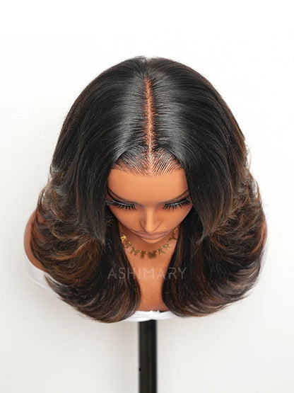 Silky Straight Full Layered Cut Brown Highlight Pull Go 13x6 Full Lace Wig Glueless Human Hair Wigs