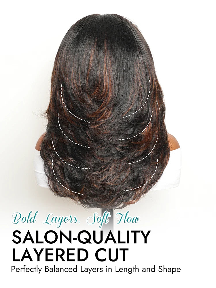 Silky Straight Full Layered Cut Brown Highlight Pull Go 13x6 Full Lace Wig Glueless Human Hair Wigs