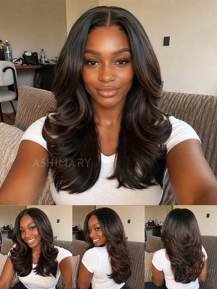 Silky Straight Full Layered Cut Brown Highlight Pull Go 13x6 Full Lace Wig Glueless Human Hair Wigs