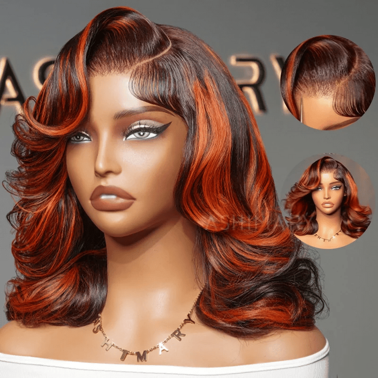 Ginger Highlight on Rich Brown Layer Cut Pre-Styled Body Wave Short Bob Wig Transparent Human Hair Wigs