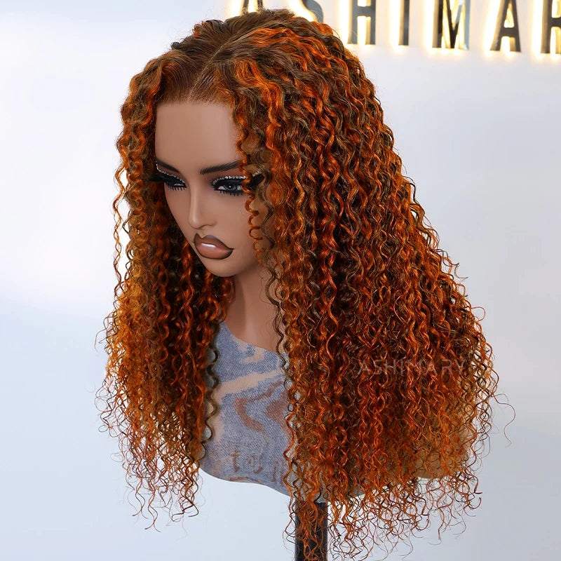 Ginger Highlight on Brown Water Wave Hair 6x4.5 Pull Go Lace Closure Bob  Wig Glueless Human Hair