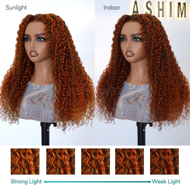 Ginger Highlight on Brown Water Wave Hair 6x4.5 Pull Go Lace Closure Bob  Wig Glueless Human Hair