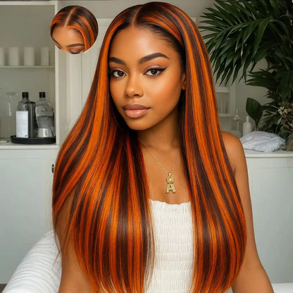 Pull Go 13x4 Lace Straight Auburn Ginger Highlights Brown Hair Glueless Wig With Drawstring