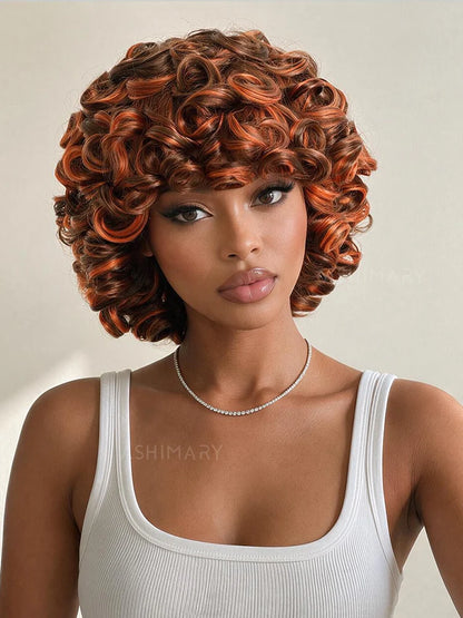 Ginger Highlight Lightweight Roll Curl with Bangs Full Machine Made Beginner Friendly Human Hair