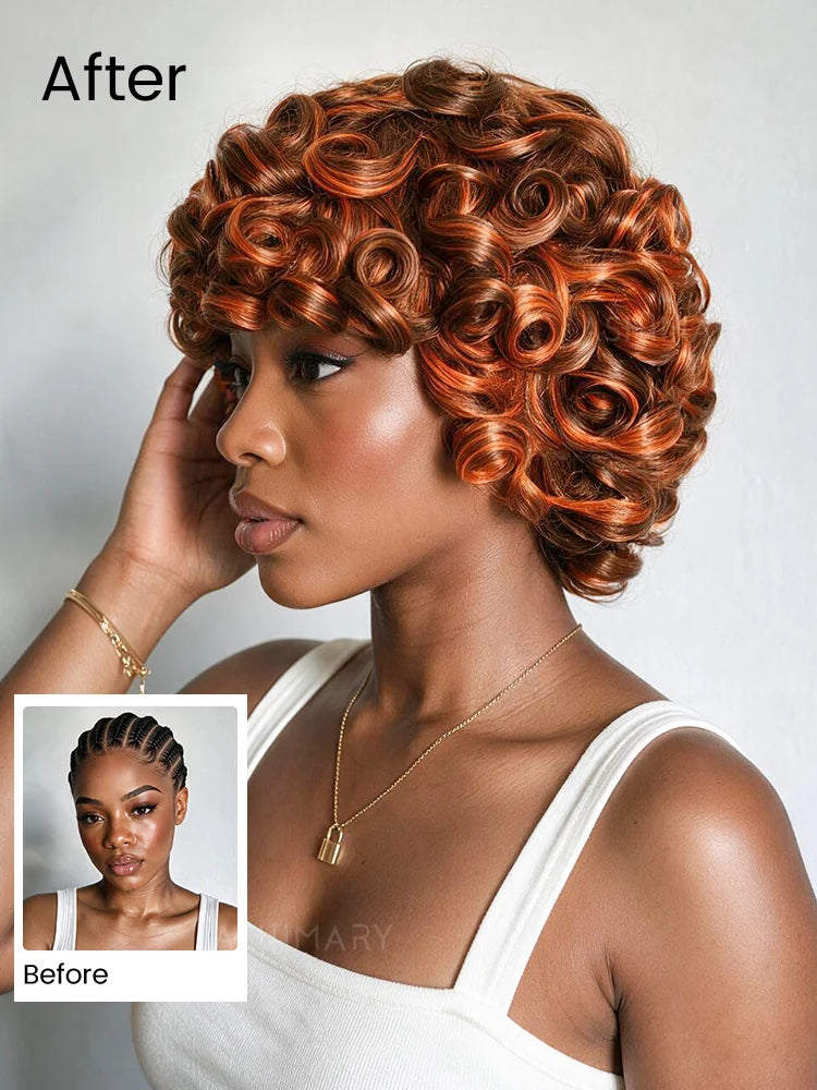 Ginger Highlight Lightweight Roll Curl with Bangs Full Machine Made Beginner Friendly Human Hair