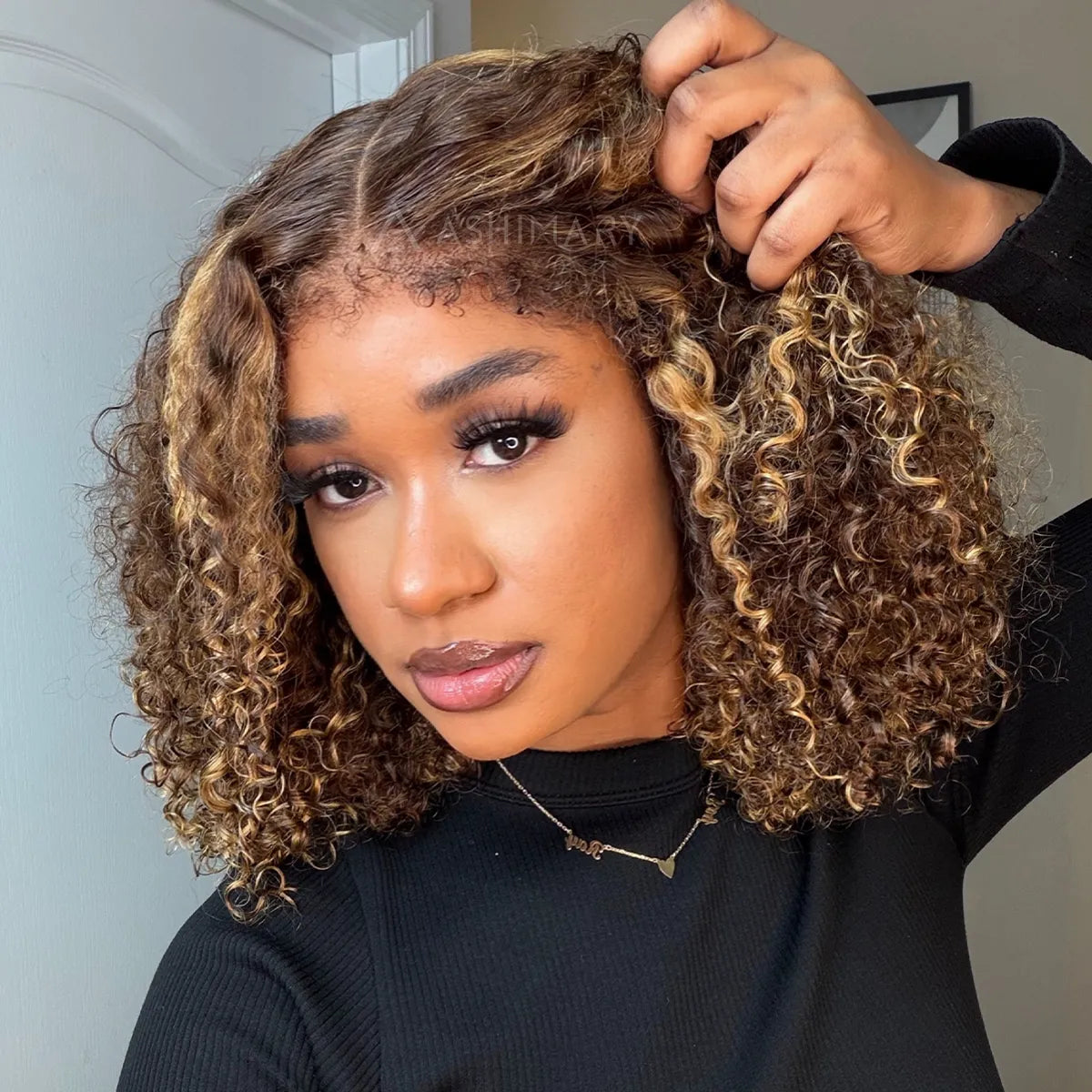 [US 24H Ship] Pull Go Blonde Highlight 6x4.5 Lace Closure Kinky Curly Human Hair Wig