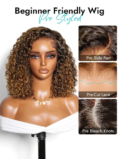 Brown Highlight Ombre Water Wave Bob 7x5 Lace Pull Go Wig C Side Part Pre-Everything Human Hair 70% Off