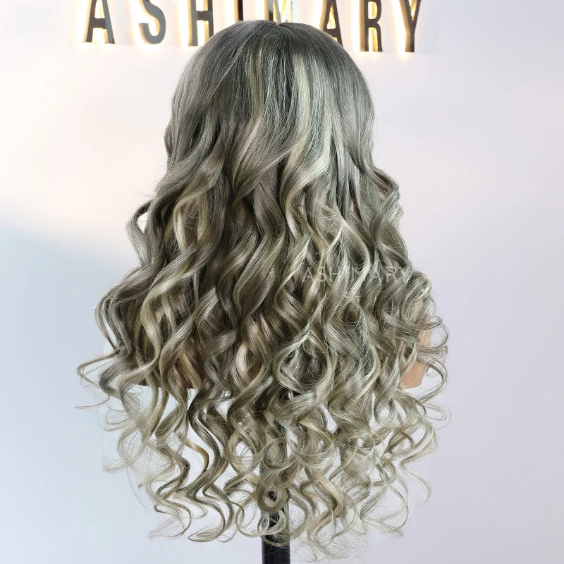 Grey and Blonde Balayage Glueless Pull Go Cap Beginner Friendly Bouncy Body Wave Lace Front Wig for Black Women