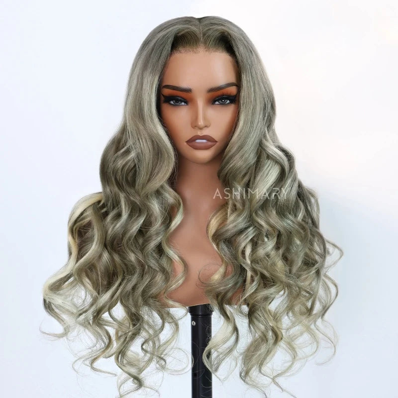 Grey and Blonde Balayage Glueless Pull Go Cap Beginner Friendly Bouncy Body Wave Lace Front Wig for Black Women