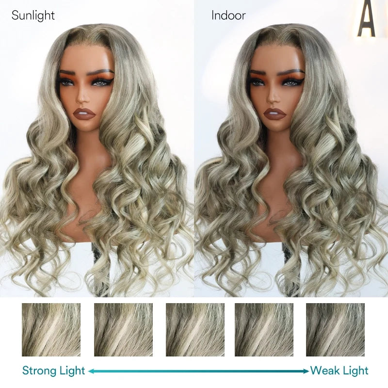 Grey and Blonde Balayage Glueless Pull Go Cap Beginner Friendly Bouncy Body Wave Lace Front Wig for Black Women