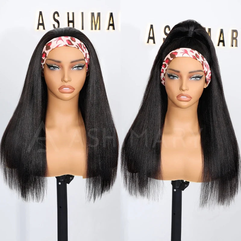 Black Brown Ombre Kinky Straight Half Wig With Drawstring Glueless Wear Go 3 in 1 Wig Human Hair