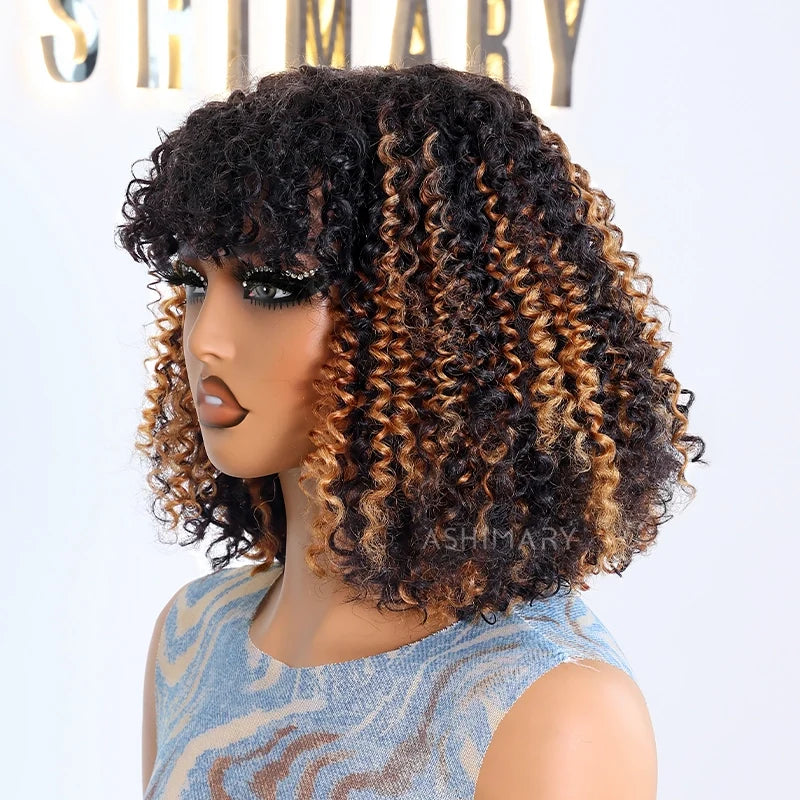 Pull Go 3x1 Scalp Illusion Wig with Natural Curly Bangs Highlight Kinky Curly Double Drawn Glueless Bob Wig