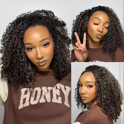 Blonde Highlight Kinky Curly QuickCurl Drawstring Half Wig Human Hair Curly 3 In 1 Half Wig
