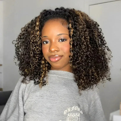 Blonde Highlight Kinky Curly QuickCurl Drawstring Half Wig Human Hair Curly 3 In 1 Half Wig