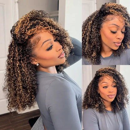 Blonde Highlight Kinky Curly QuickCurl Drawstring Half Wig Human Hair Curly 3 In 1 Half Wig