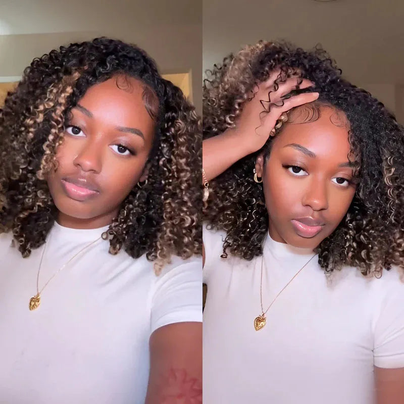 Blonde Highlight Kinky Curly QuickCurl Drawstring Half Wig Human Hair Curly 3 In 1 Half Wig