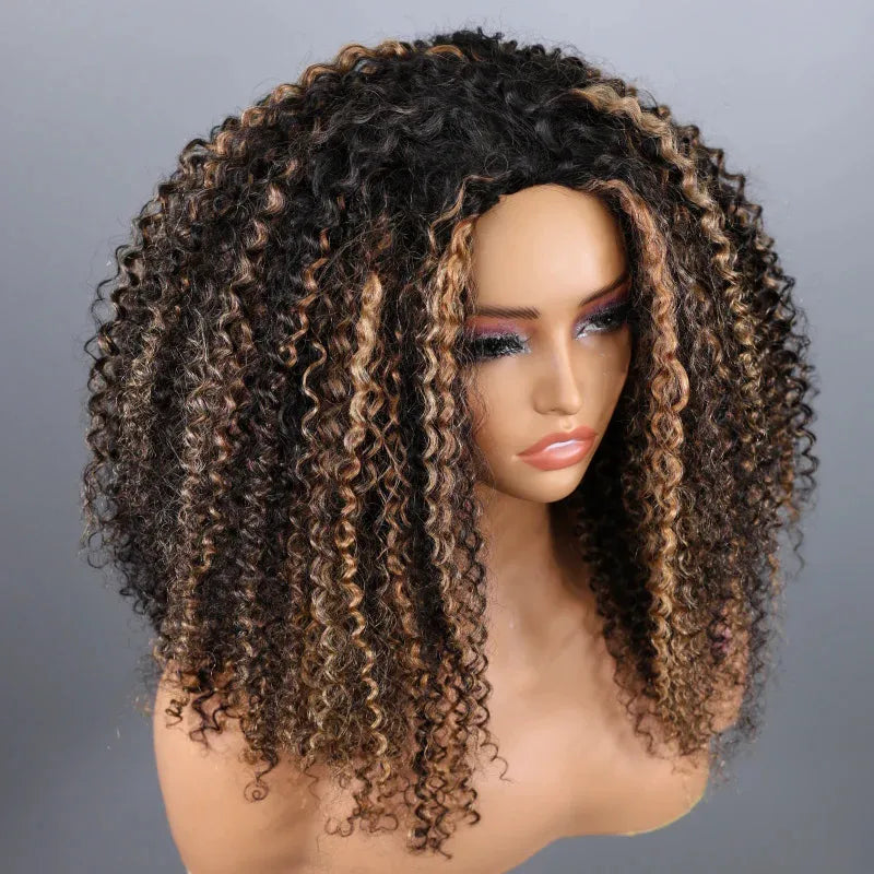 Blonde Highlight Kinky Curly QuickCurl Drawstring Half Wig Human Hair Curly 3 In 1 Half Wig