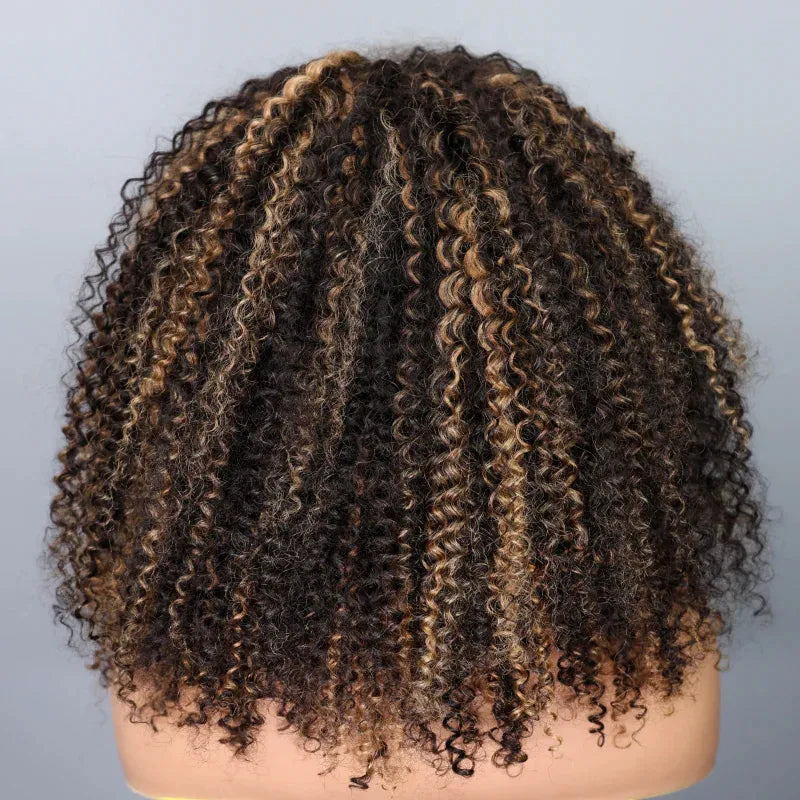 Blonde Highlight Kinky Curly QuickCurl Drawstring Half Wig Human Hair Curly 3 In 1 Half Wig