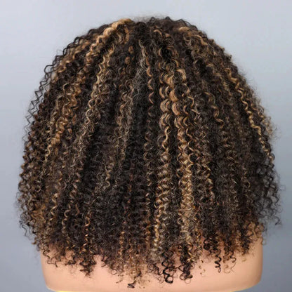 Blonde Highlight Kinky Curly QuickCurl Drawstring Half Wig Human Hair Curly 3 In 1 Half Wig