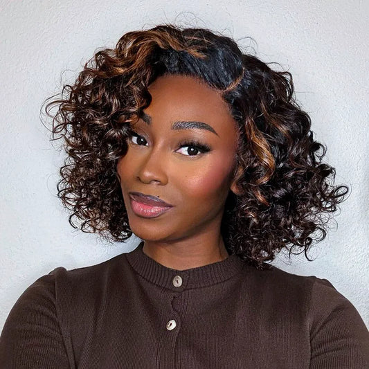 Blonde Highlight Bouncy Curl 6x4.5 Pull Go Lace Closure Bob Wig Glueless Human Hair