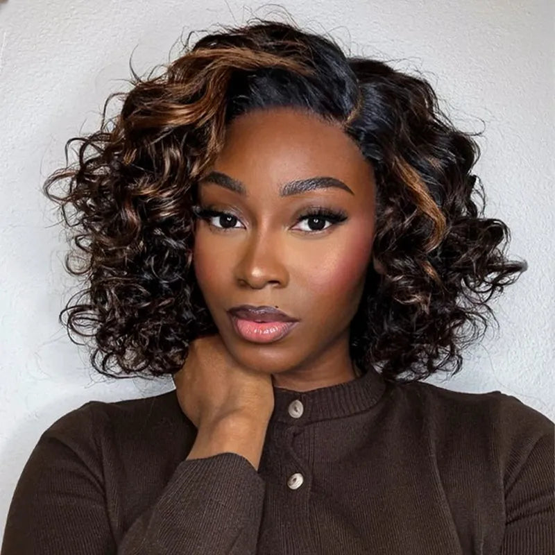 Blonde Highlight Bouncy Curl 6x4.5 Pull Go Lace Closure Bob Wig Glueless Human Hair