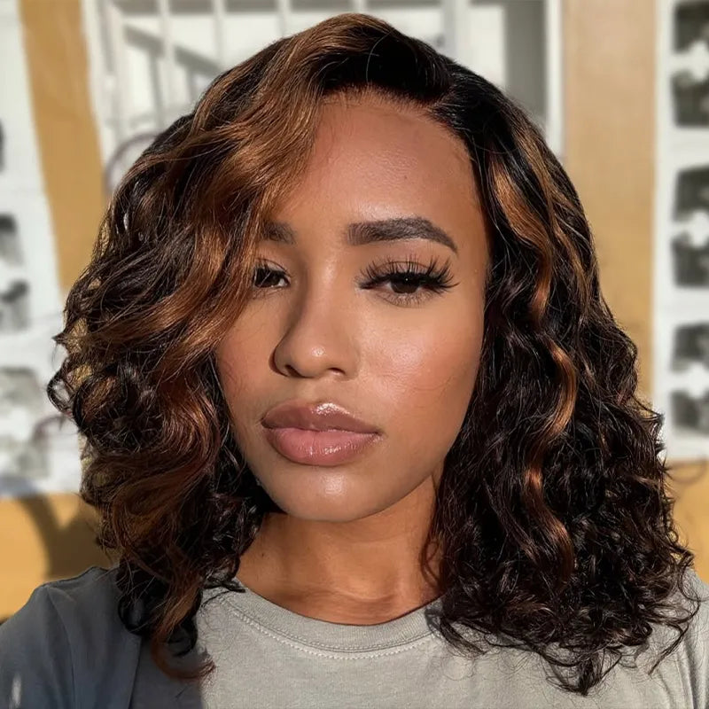 Blonde Highlight Bouncy Curl 6x4.5 Pull Go Lace Closure Bob Wig Glueless Human Hair