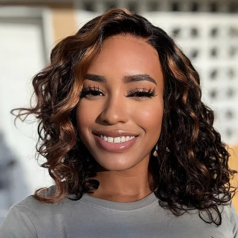 Blonde Highlight Bouncy Curl 6x4.5 Pull Go Lace Closure Bob Wig Glueless Human Hair