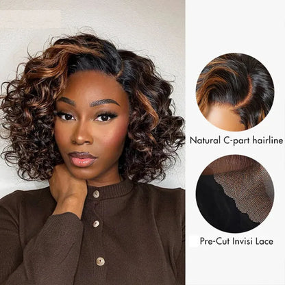 Blonde Highlight Bouncy Curl 6x4.5 Pull Go Lace Closure Bob Wig Glueless Human Hair