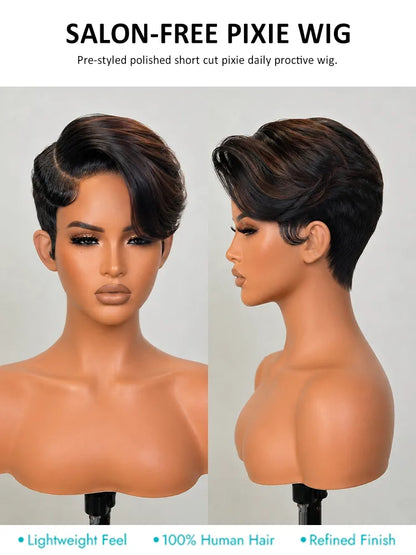 Short Pixie 4x4 Lace Wig Side-Swept Bangs Boss Lady Style Wear Go Glueless Human Hair