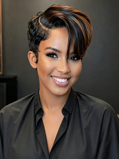 Short Pixie 4x4 Lace Wig Side-Swept Bangs Boss Lady Style Wear Go Glueless Human Hair