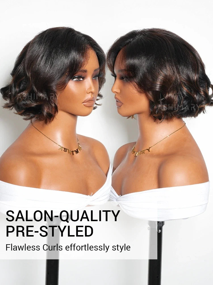 Brown Highlight Short Wavy Pixie Cut Bob Glueless 7x5 Lace Wear and Go Human Hair Wigs