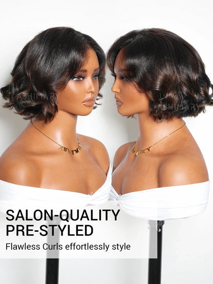 Brown Highlight Short Wavy Pixie Cut Bob Glueless 7x5 Lace Wear and Go Human Hair Wigs