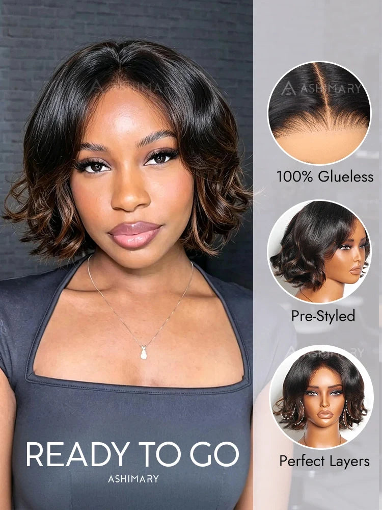 Brown Highlight Short Wavy Pixie Cut Bob Glueless 7x5 Lace Wear and Go Human Hair Wigs