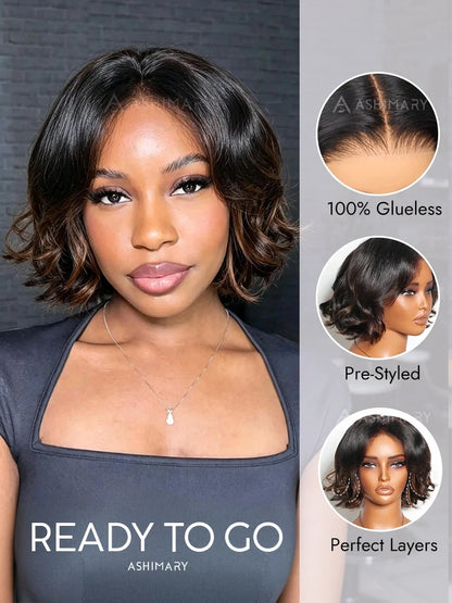 Brown Highlight Short Wavy Pixie Cut Bob Glueless 7x5 Lace Wear and Go Human Hair Wigs