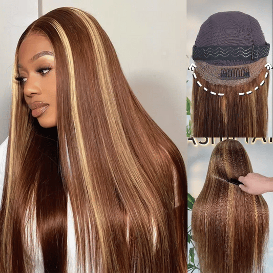 Pre-Everything Brown Highlights Straight Human Hair Wigs Invisi Strap Snug Fit 360 Lace Frontal Wig