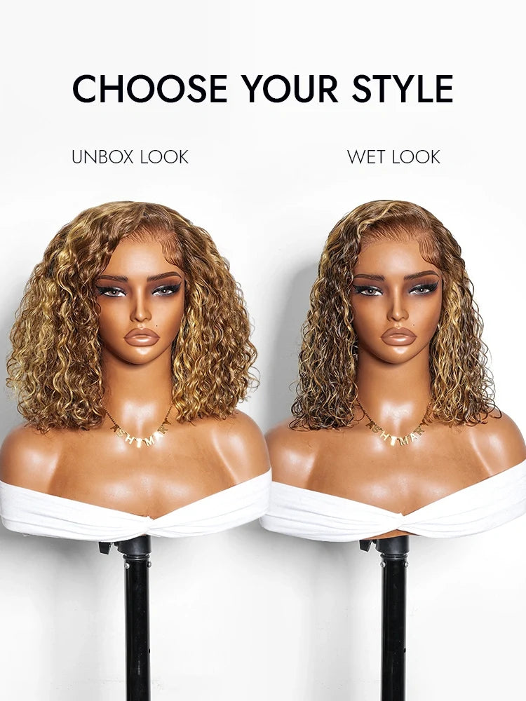 Highlight Water Wave Bob 7x5 Lace Pull Go Wig C Side Part Pre-Styled Short Length Human Hair