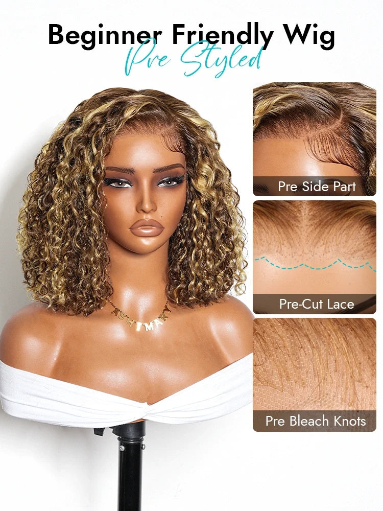 Highlight Water Wave Bob 7x5 Lace Pull Go Wig C Side Part Pre-Styled Short Length Human Hair