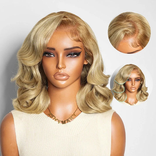 Honey Blonde Glueless Pre-Styled Short Bob Body Wave Wig Pre-Everything Salon Free Human Hair Wig