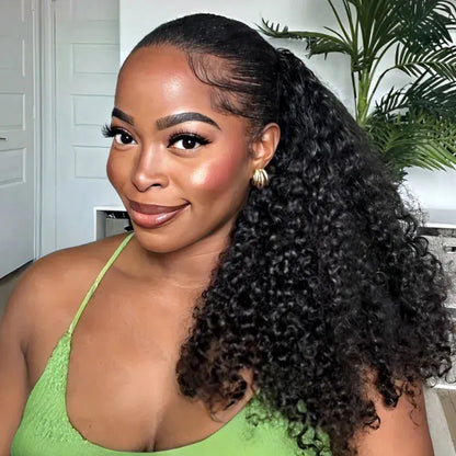 Jerry Curl Seamless Blend Drawstring Ponytail Extension Human Hair Natural Black Curly Ponytail