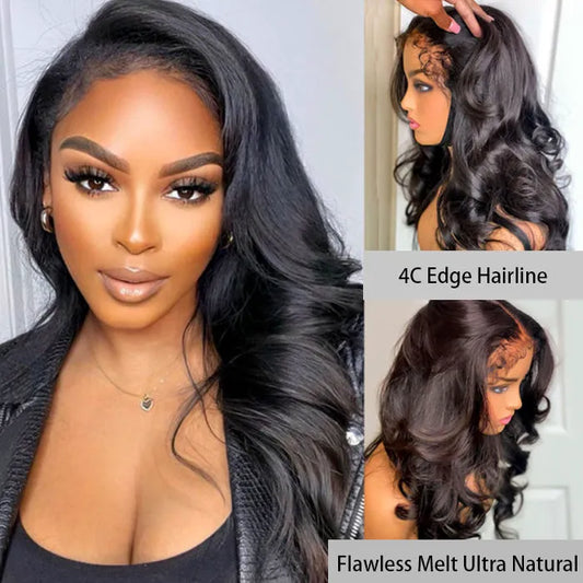 4C Edge Hairline-Body Wave 13x4 HD Invisible Lace Frontal Wigs With Kinky Edges Curly Baby Hair