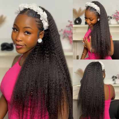 Easy Wear Kinky Straight Half Wig With Drawstring Comfortable Fit No Glue Needed