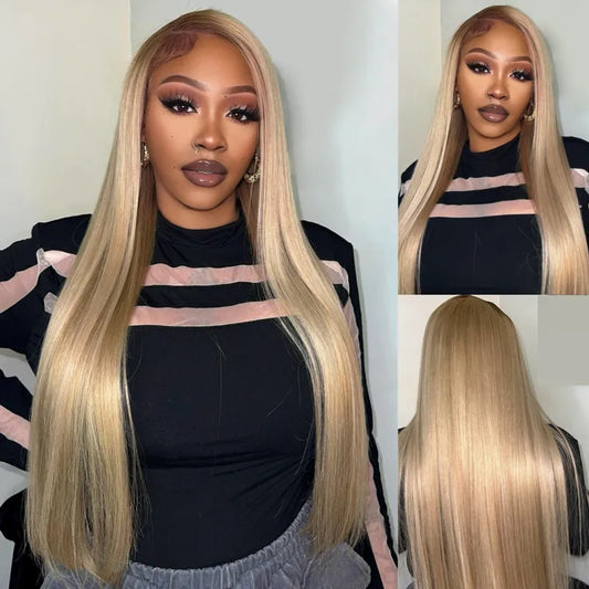 Ash Blonde Dark Root Straight 13x4 Transparent Lace Frontal Every Day Wear Pre Plucked Human Hair Wig