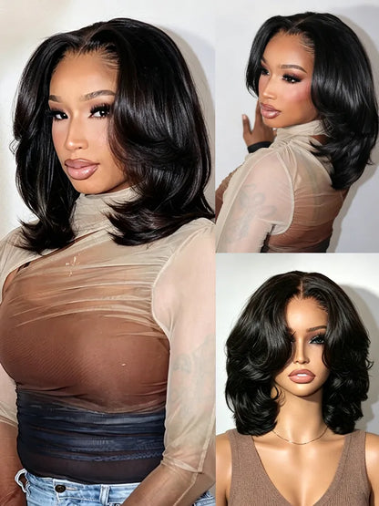 Layered Cut Curtain Bangs Bob 4x4 Lace Wig Glueless Pre-Styled Face Framing Natural Black Human Hair