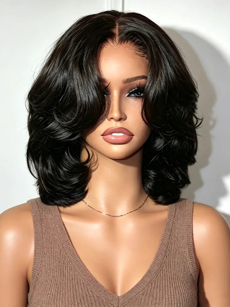 Layered Cut Curtain Bangs Bob 4x4 Lace Wig Glueless Pre-Styled Face Framing Natural Black Human Hair