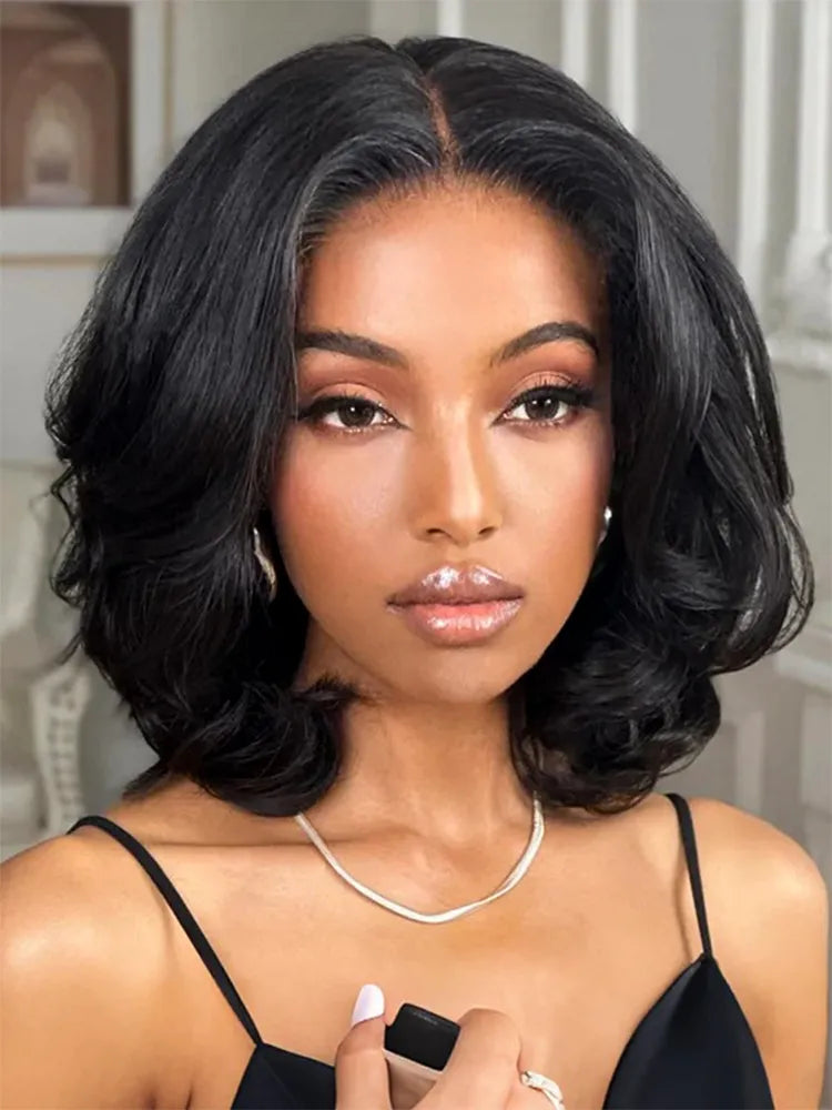 Layered Cut Curtain Bangs Bob 4x4 Lace Wig Glueless Pre-Styled Face Framing Natural Black Human Hair