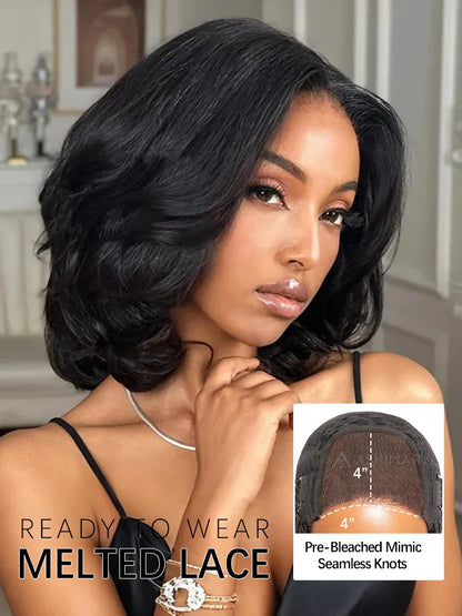 Layered Cut Curtain Bangs Bob 4x4 Lace Wig Glueless Pre-Styled Face Framing Natural Black Human Hair