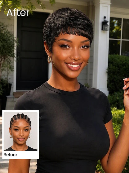 Short Pixie Cut Wigs For Women Feathered Layers Natural Black Human Hair